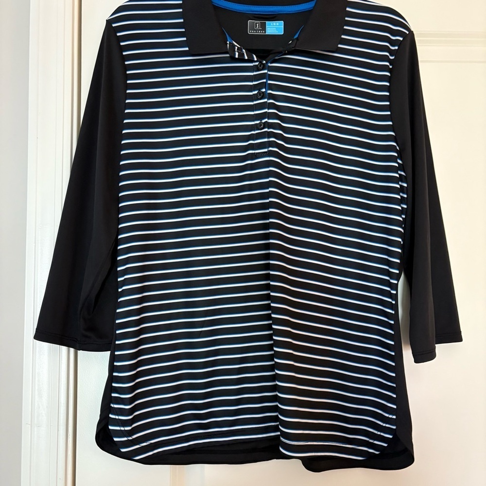 PGA Tour Women’s Black with Blue and White Stripes Long Sleeve Polo Shirt - Picture 2 of 9